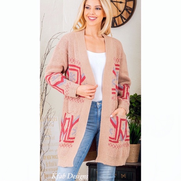 B29S🤎💗Luxury look+feel tan Southwest print cardigan w/pink +blue trim details - Picture 4 of 13